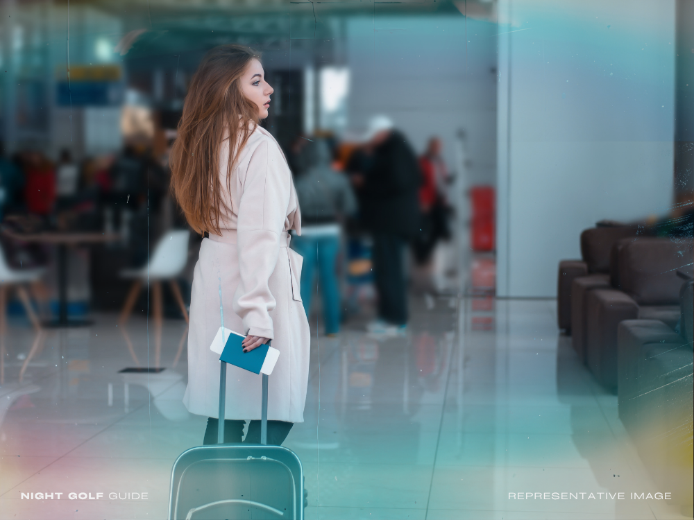 Female traveler at an airport flying to play night golf