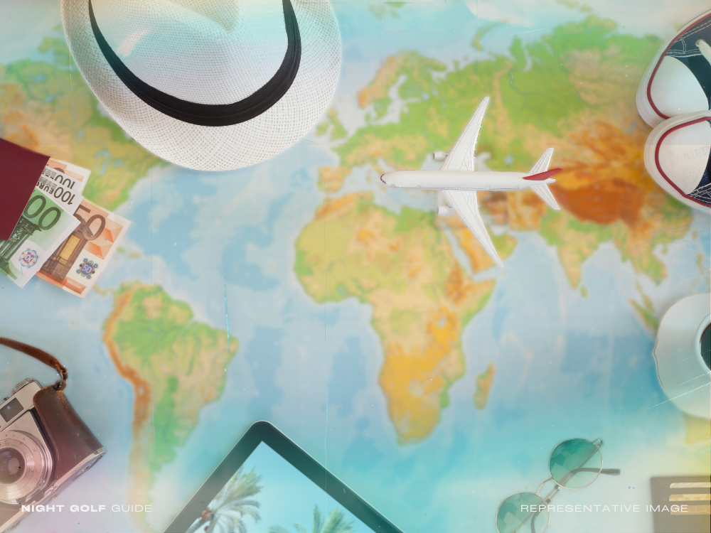 World map highlighting global night golf locations and travel destinations