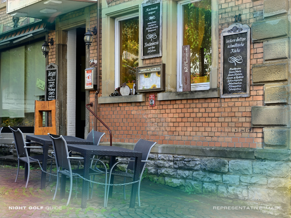 Outdoor seating area of a small restaurant before night golf touring