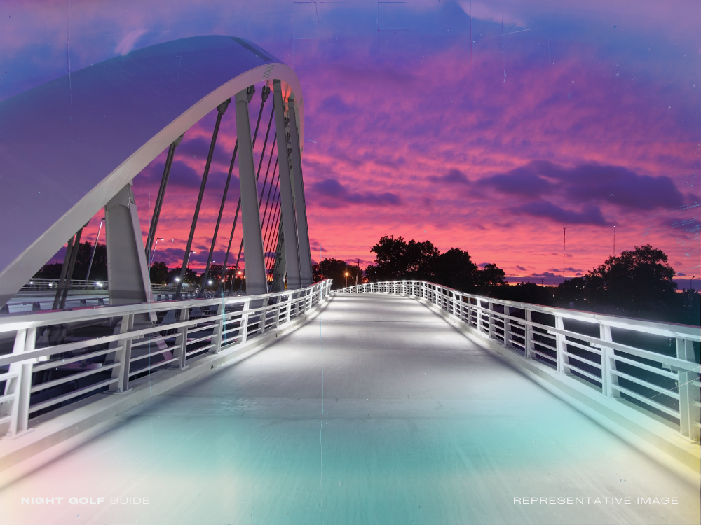 Scenic pedestrian bridge walkway at twilight