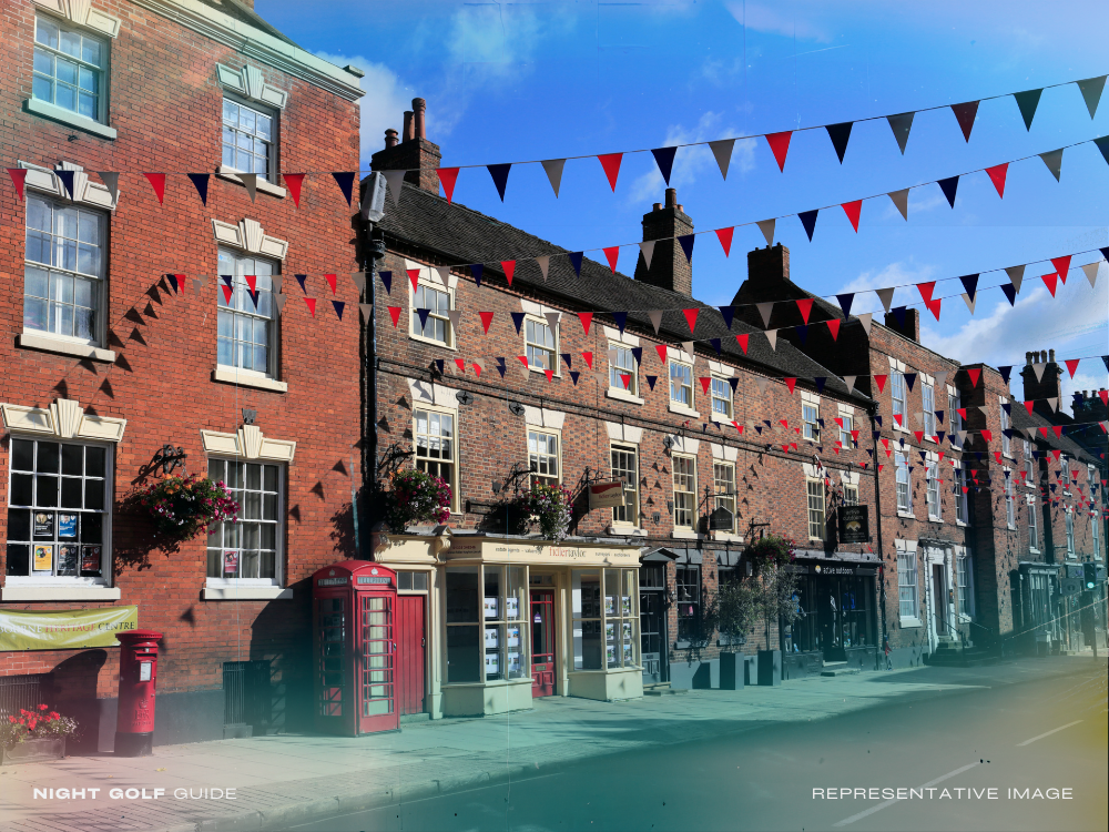 Small town main street lined with decorative flags