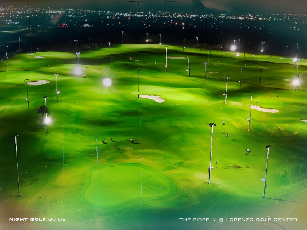The Firefly at Lorenzo Golf Center illuminated at night with glowing fairways, players on course, and clubhouse in view