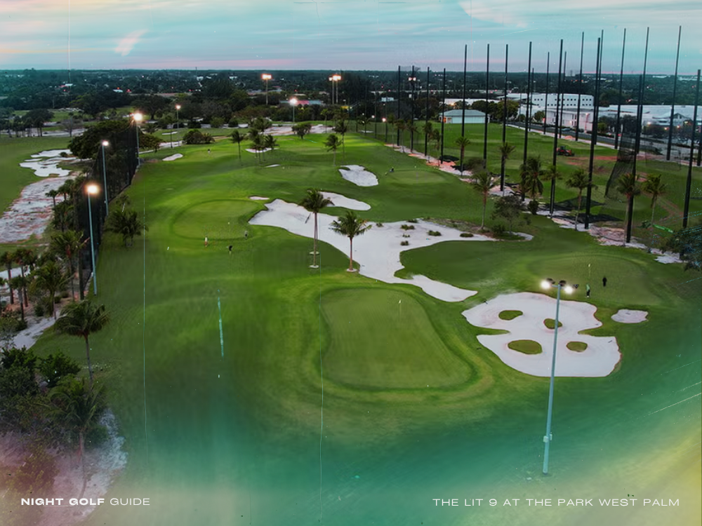 The Lit 9 at The Park West Palm illuminated for night golf with players teeing off under bright lights